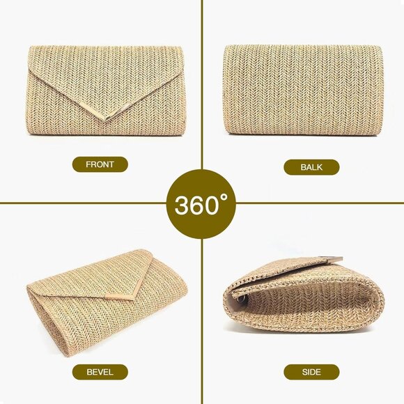 Boho Woven Rattan Summer Straw Clutch Bag with Chain Strap for Women Party Weddi - Picture 6 of 8